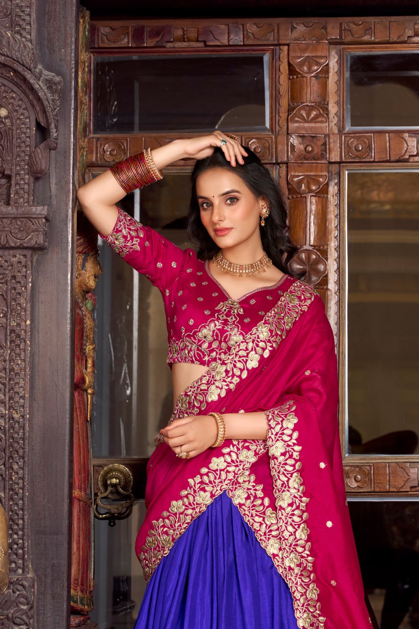 Pink Blue Designer Wedding Lehenga Choli with Foil Print & Dupatta