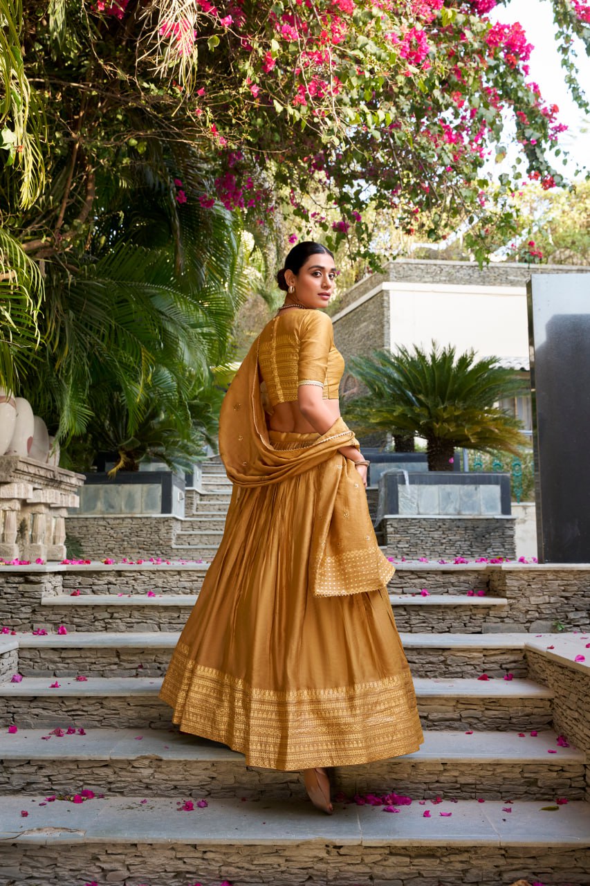 Pure Chanderi Mustard Yellow Chaniya Choli for Navratri with Zari Weaving Border & Sequins Dupatta