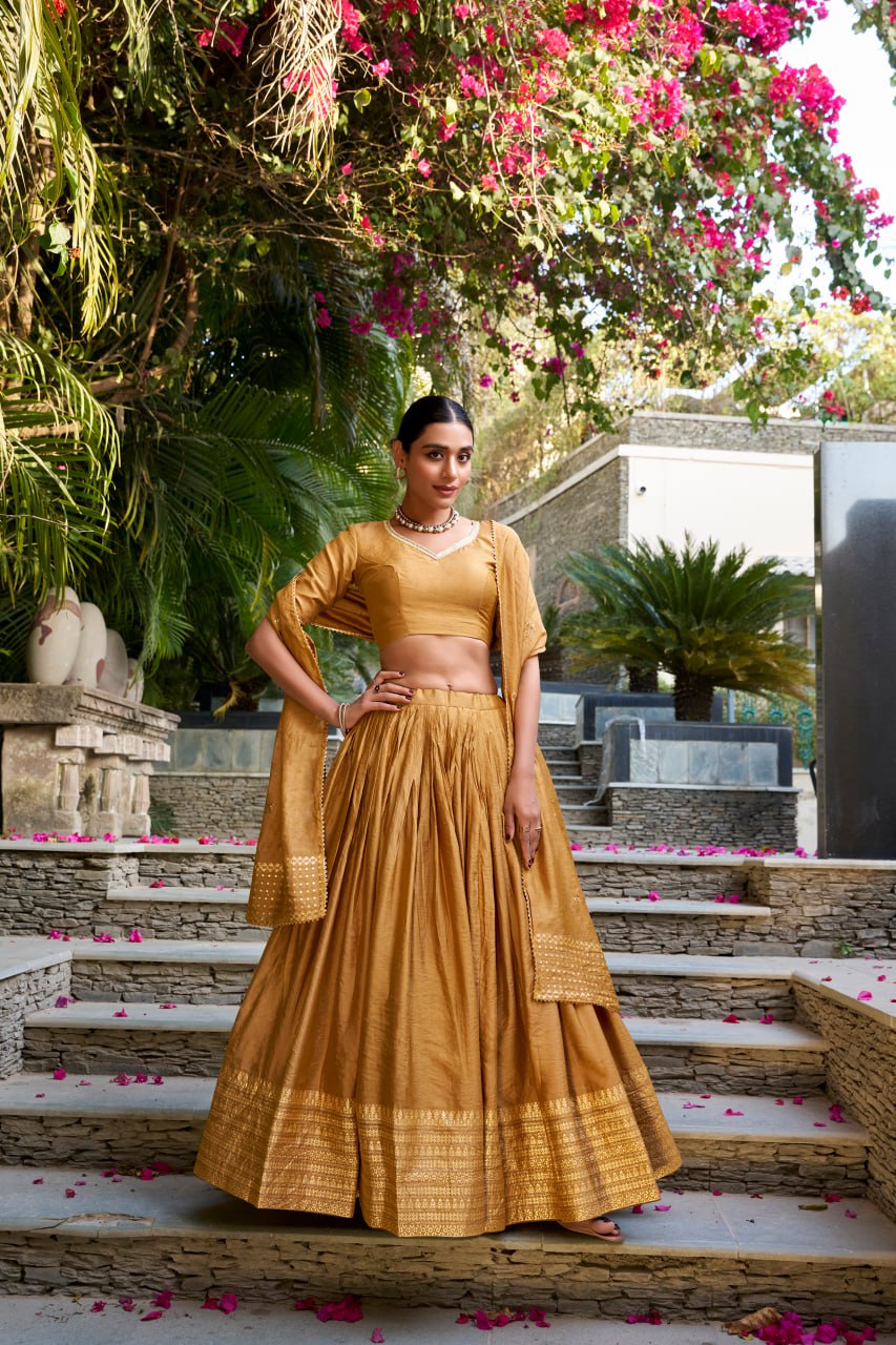 Pure Chanderi Mustard Yellow Chaniya Choli for Navratri with Zari Weaving Border & Sequins Dupatta