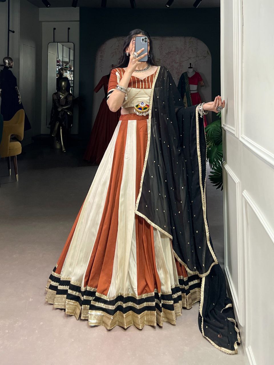 Navratri Lehenga 2025, Mirror Work Blouse, Chinon Lehenga Choli, Gamthi Work Lehenga, Kodi Lace Blouse, Gotta Patti Lehenga, 6 Meter Flair Lehenga, Garba Night Outfit, Stitched Navratri Lehenga, Georgette Embroidered Dupatta, Garba Look 2025, Traditional Festival Wear, Canvas Lined Lehenga