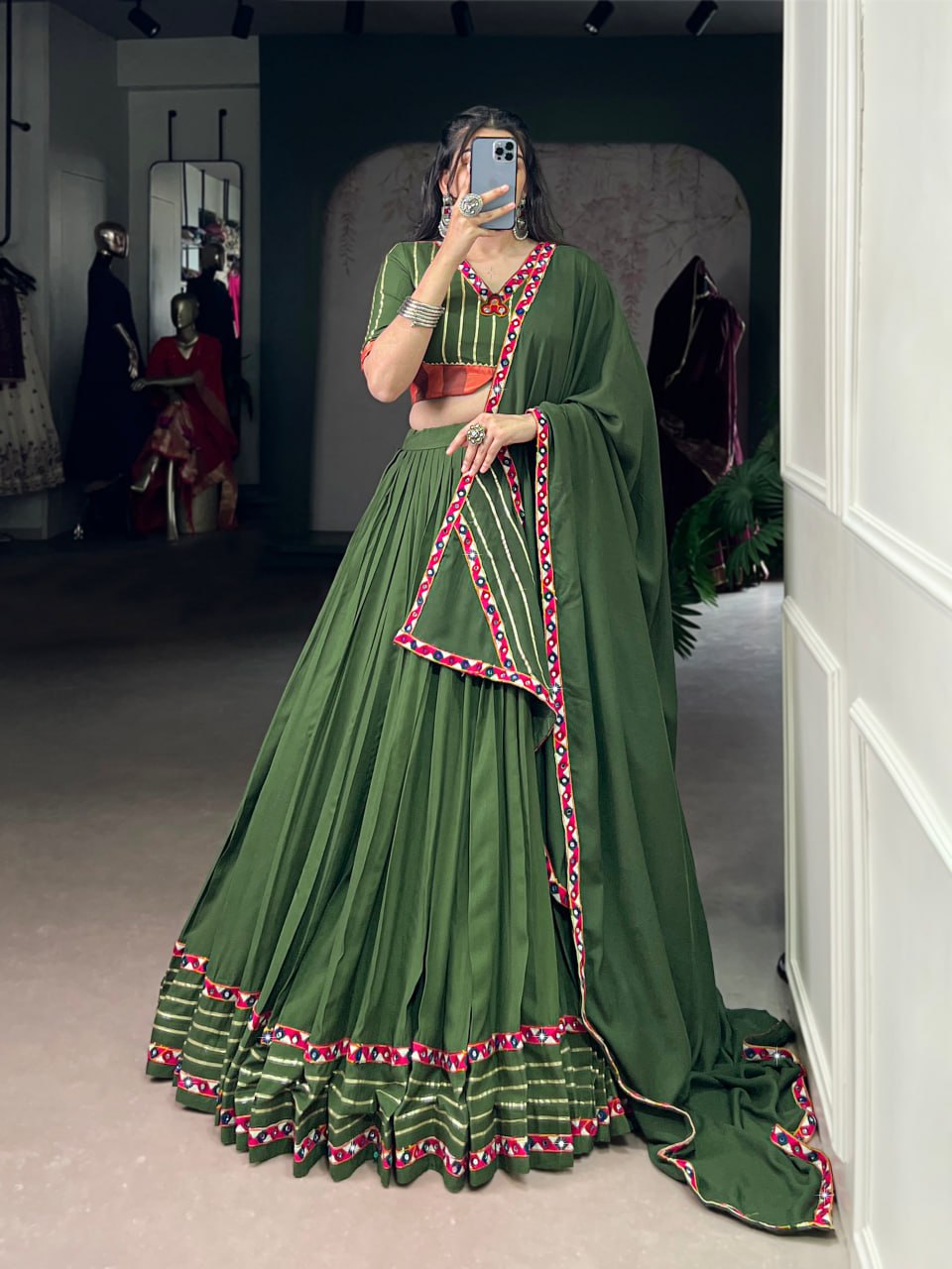 Light Green Rayon Original Mirror Work Gamthi Lehenga Choli