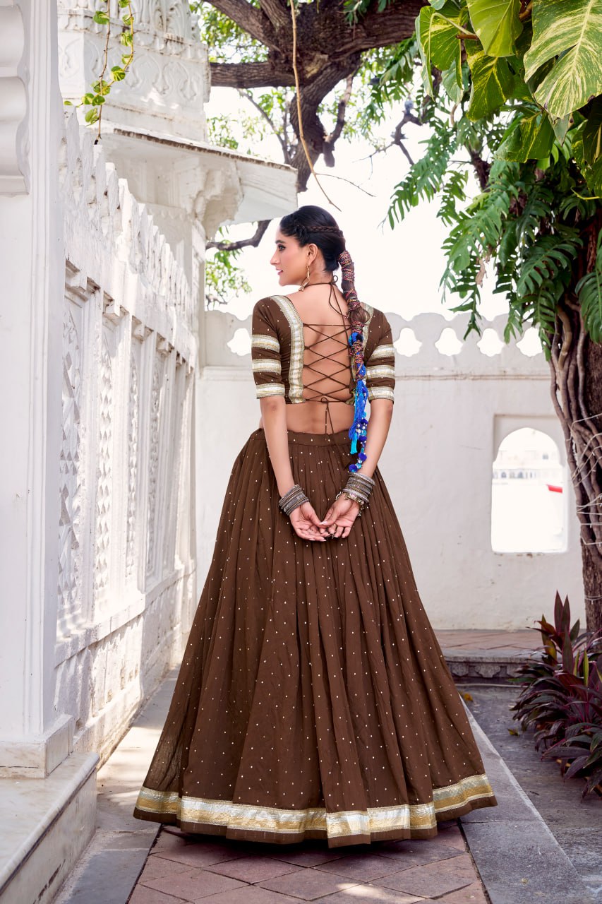 Brown Pure Chanderi Silk Lehenga Choli With Zari Weaving & Lace Touch Up