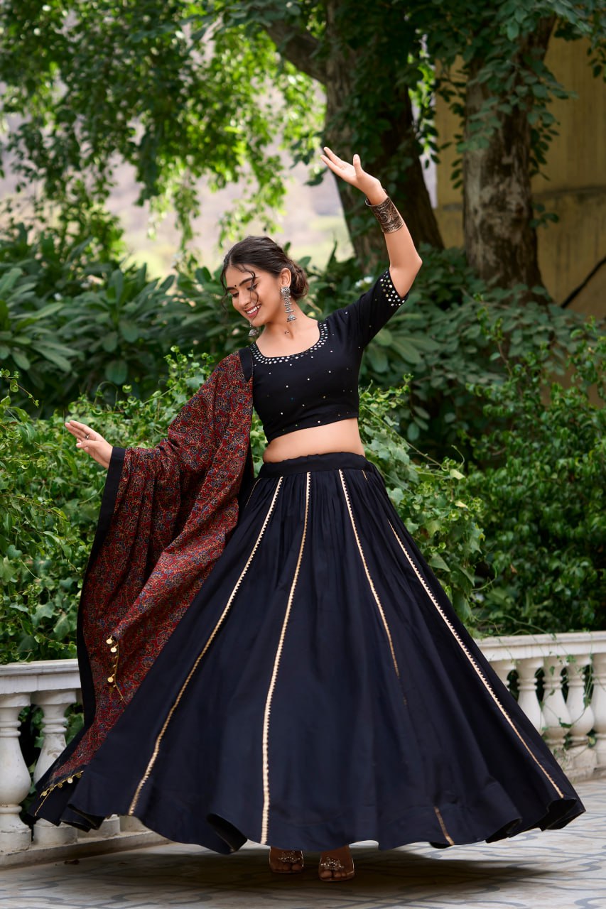 Black Pure Cotton Kutchi Hand Work Chaniya Choli with Printed Dupatta