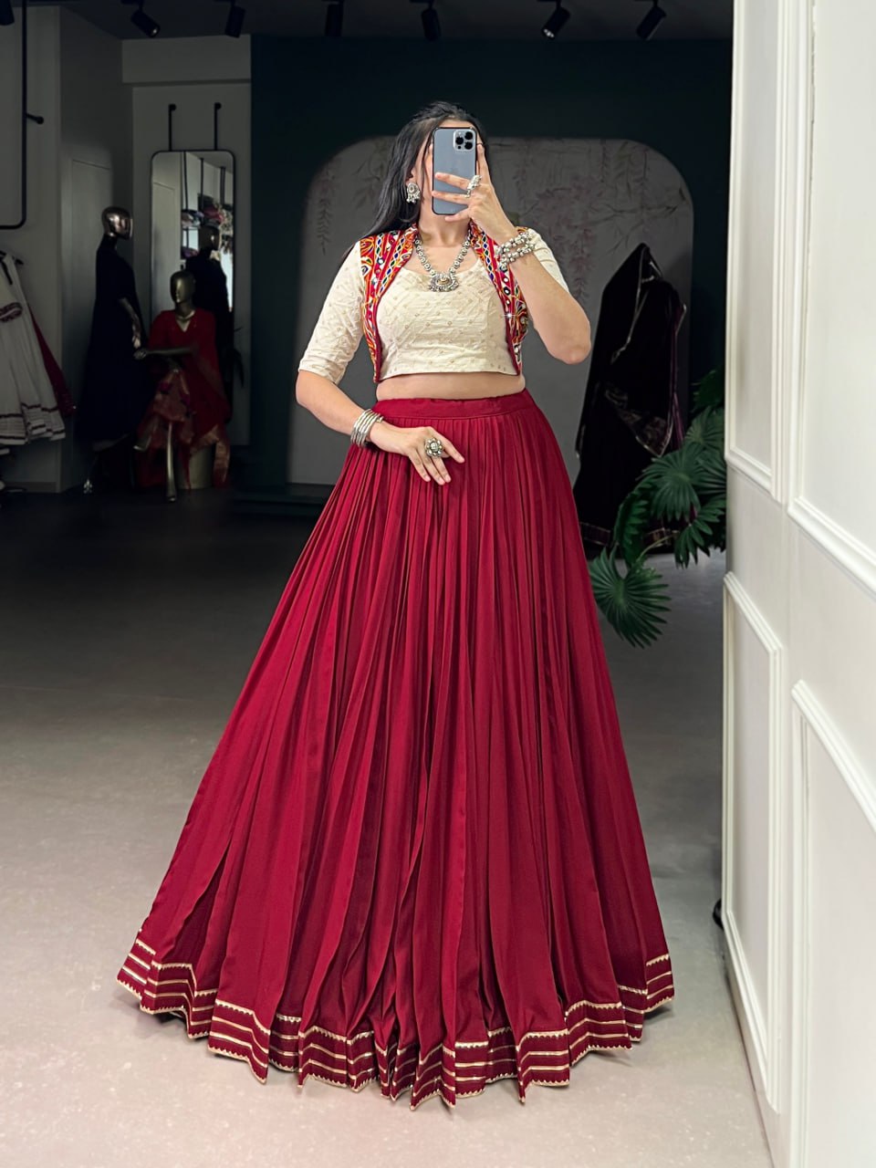 Designer Rayon Lehenga Choli with Khadi Cotton Mirror Gamthi Blouse