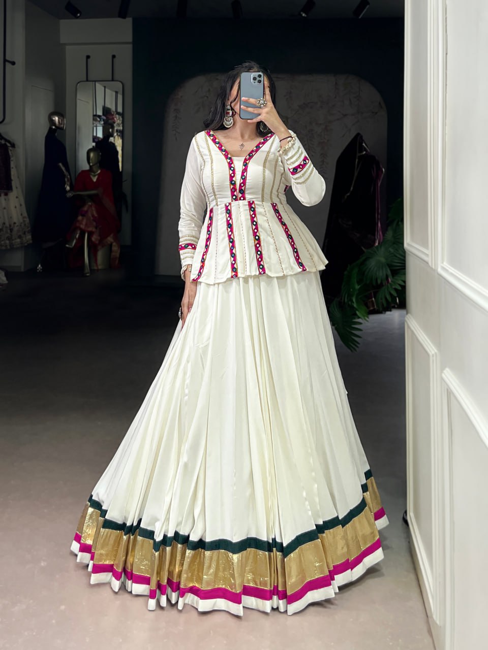 Rayon Designer White Mirror Gamthi Work Chaniya Choli for Navratri