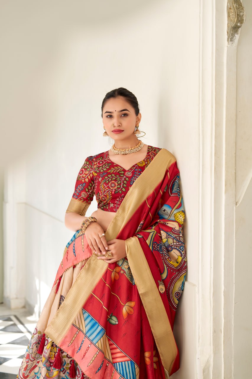 Dola Silk Lehenga Choli, Kalamkari Print Garba Choli, Festival Wear Lehenga Choli 2025, Designer Silk Lehenga for Women, Traditional Garba Outfit Online, Weaving Border Lehenga Choli Set, Tassel Dupatta Lehenga Choli, Indian Ethnic Wear for Festivals, Stitched Dola Silk Lehenga Set, Kalamkari Print Silk Chaniya Choli