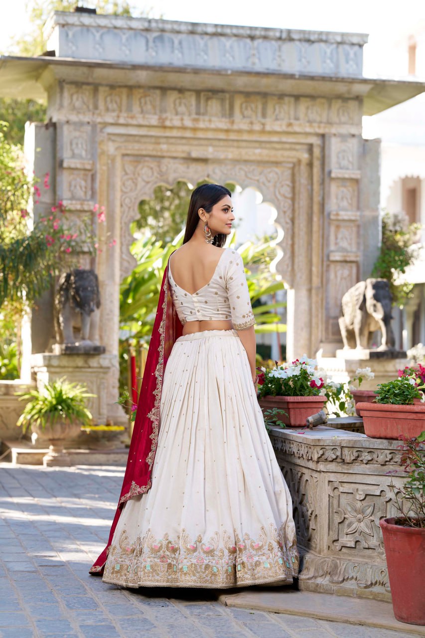 Off White Vichitra Silk Bridesmaid Lehenga Choli with Sequins & Thread Embroidery