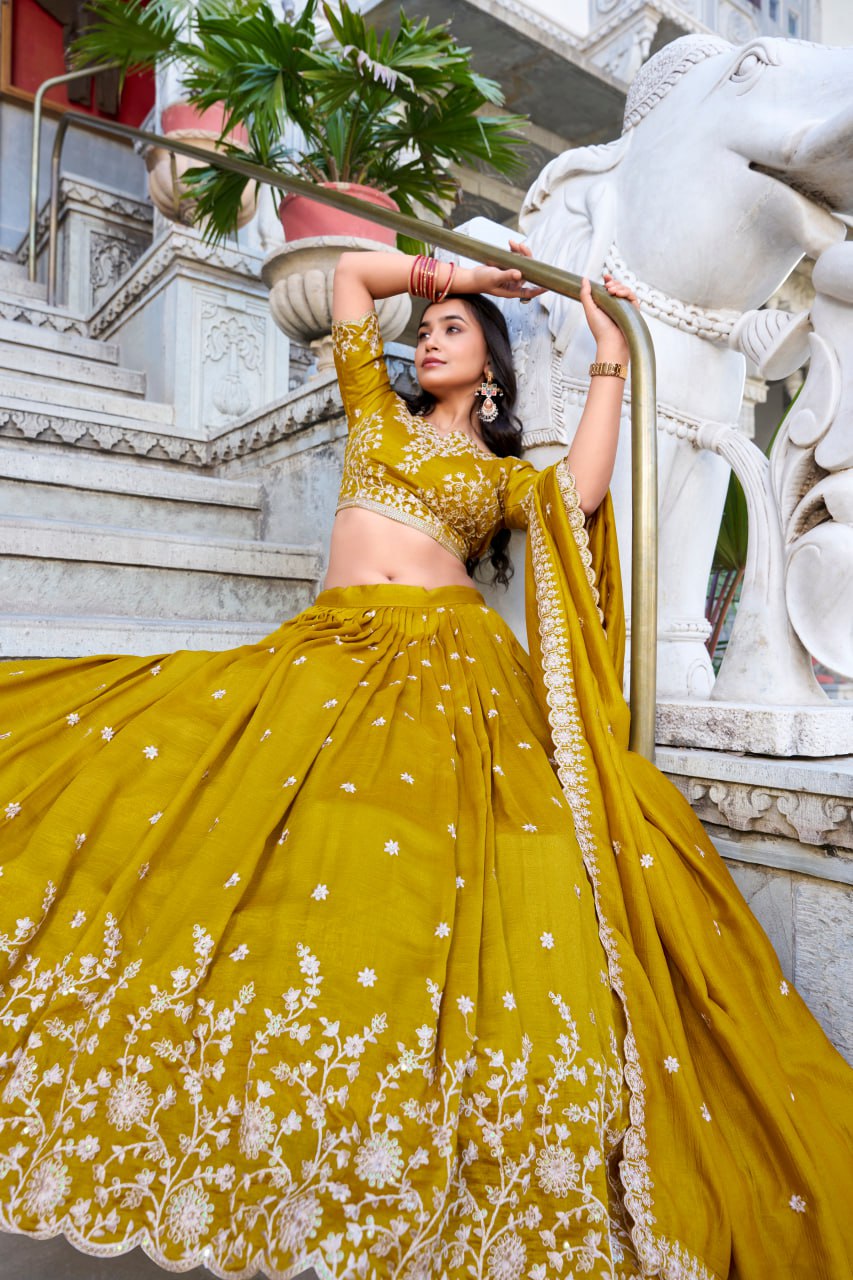 Mustard Vichitra Silk Bridesmaid Lehenga Choli with Sequins & Thread Embroidery