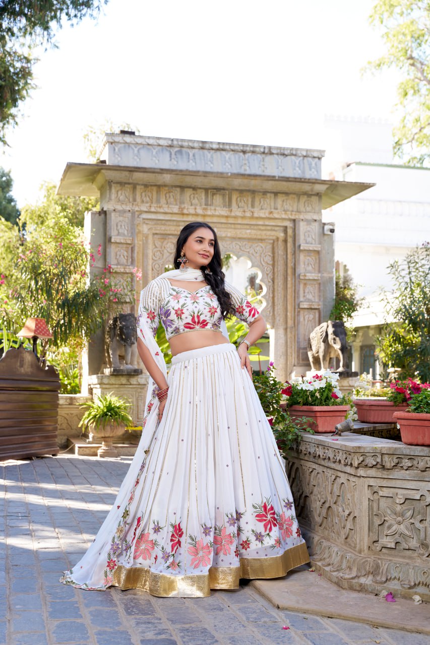 Designer White Bridal Party Lehenga Choli with Sequins & Thread Embroidery