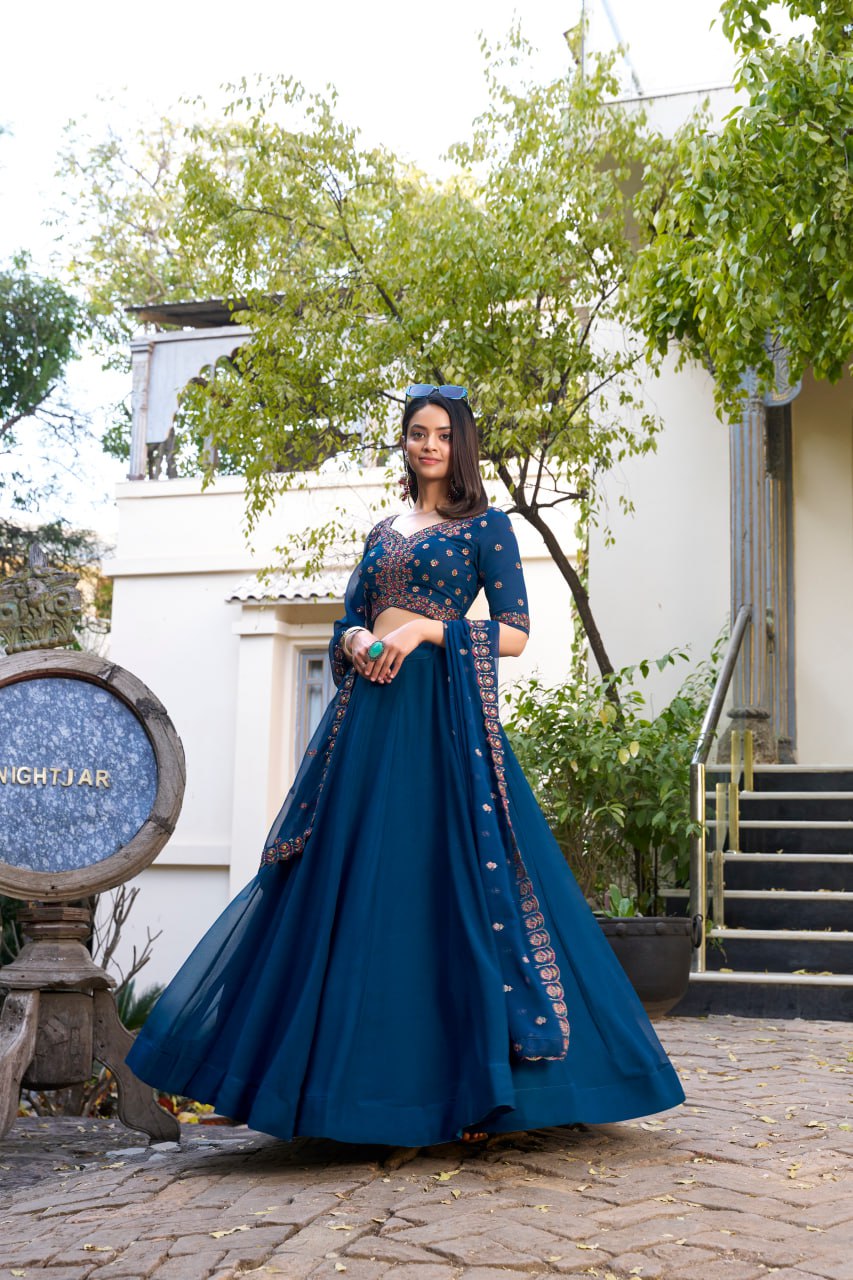 Navy Blue Georgette Bollywood Lehenga Choli with Sequins Embroidered Blouse & Dupatta