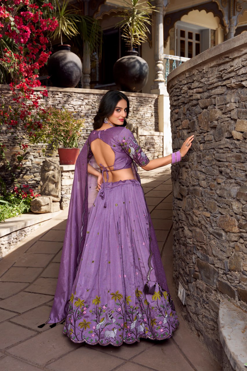 Designer Lavender Vichitra Simmer Party Wear Lehenga Choli