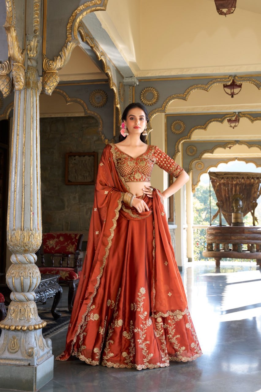 Designer Rust Rangoli Silk Bridal Party Wear Lehenga Choli