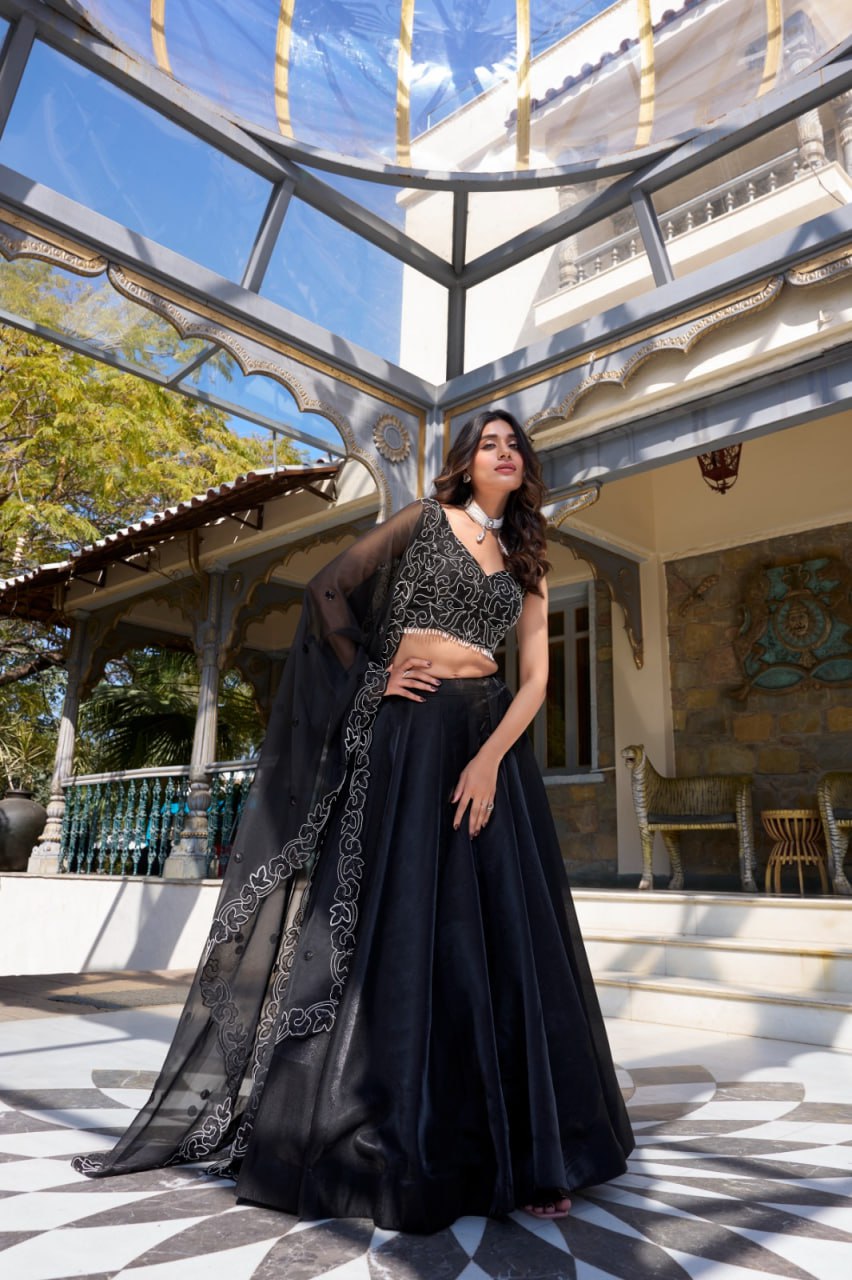Luxury Black Wedding Lehenga Choli with Pearl