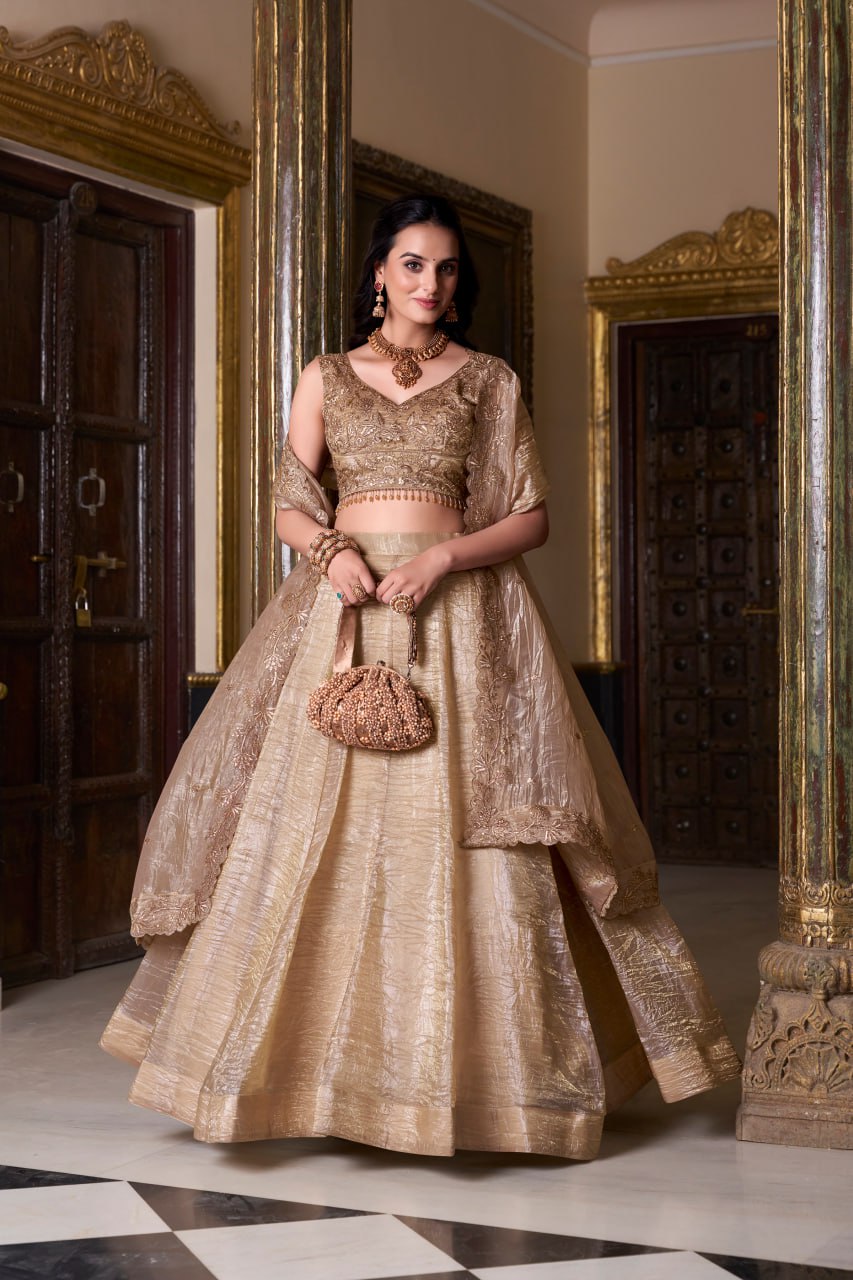 Light Brown Color Bridesmaid Lehenga Choli in Gold Crush With Heavy Blouse Sequins Embroidery Work