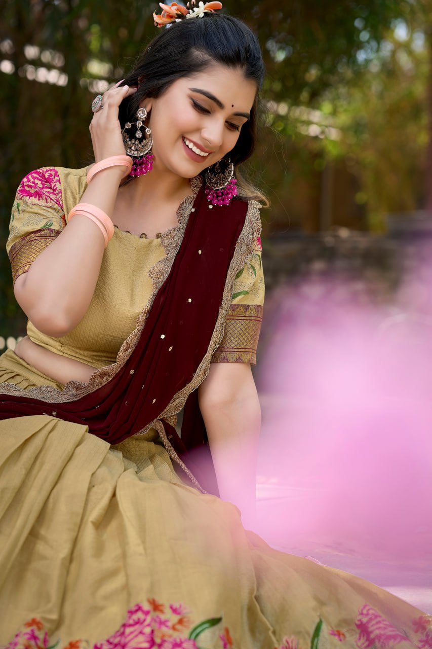 Cream Cotton Silk Lehenga Choli with Thread Embroidery With Drape Georgette Dupatta