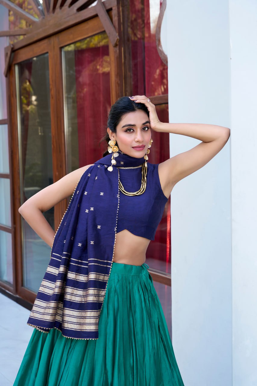 Designer Pure Chanderi Teal Green Bridal Lehenga Choli with Zari Weaving Work & Dupatta
