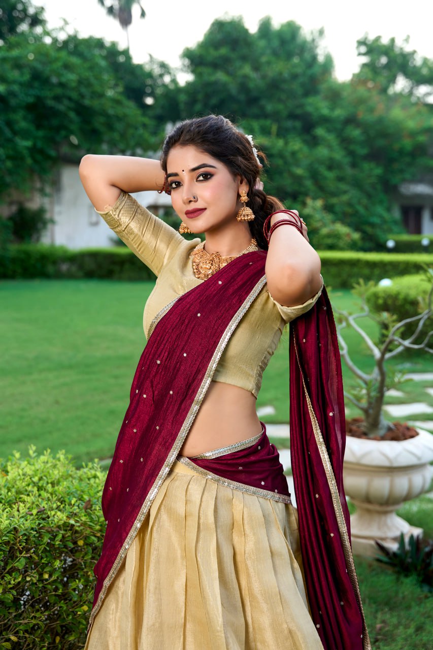 Cream Kanchipuram Lehenga Choli with Zari Weaving Work & Vichitra Silk Embroidered Dupatta