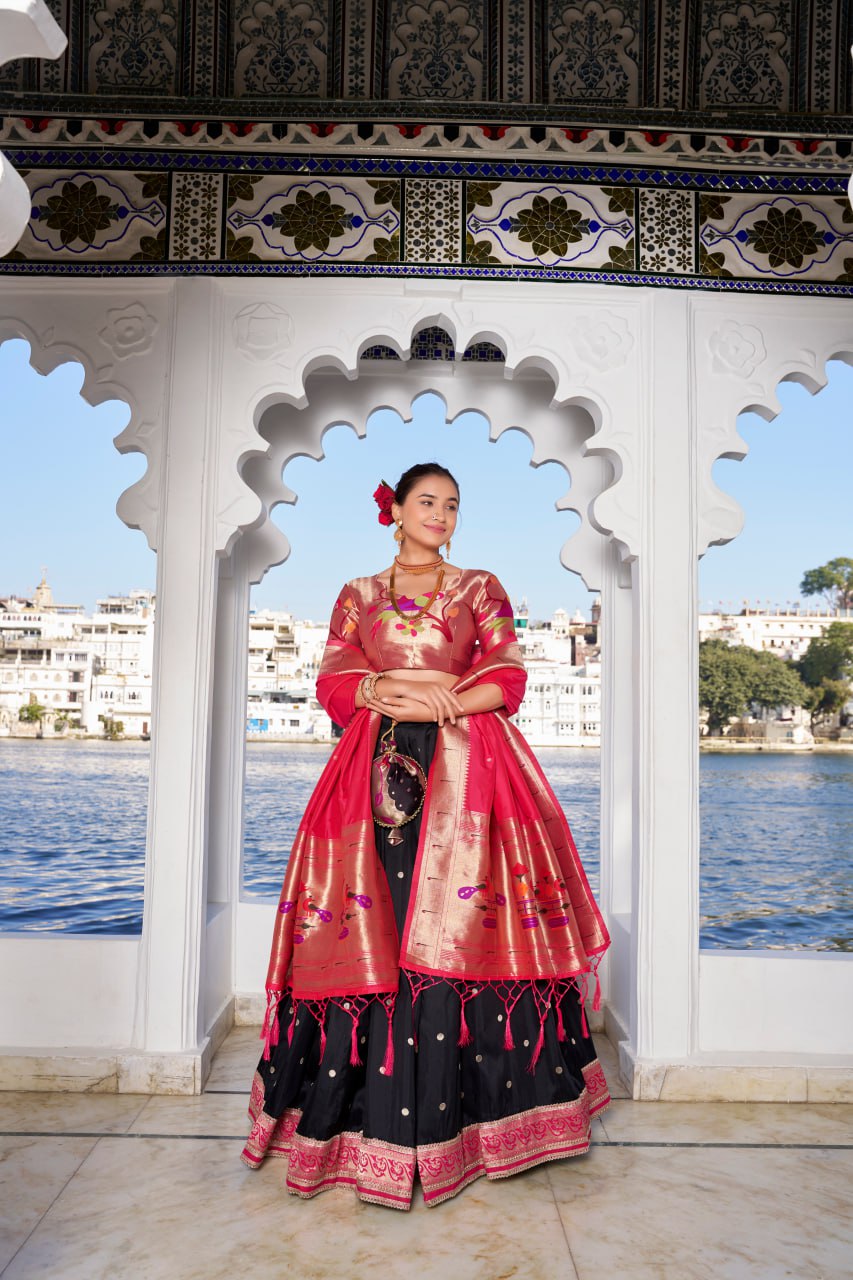 Black Paithani Traditional Lehenga Choli with Dupatta & Zari Weaving