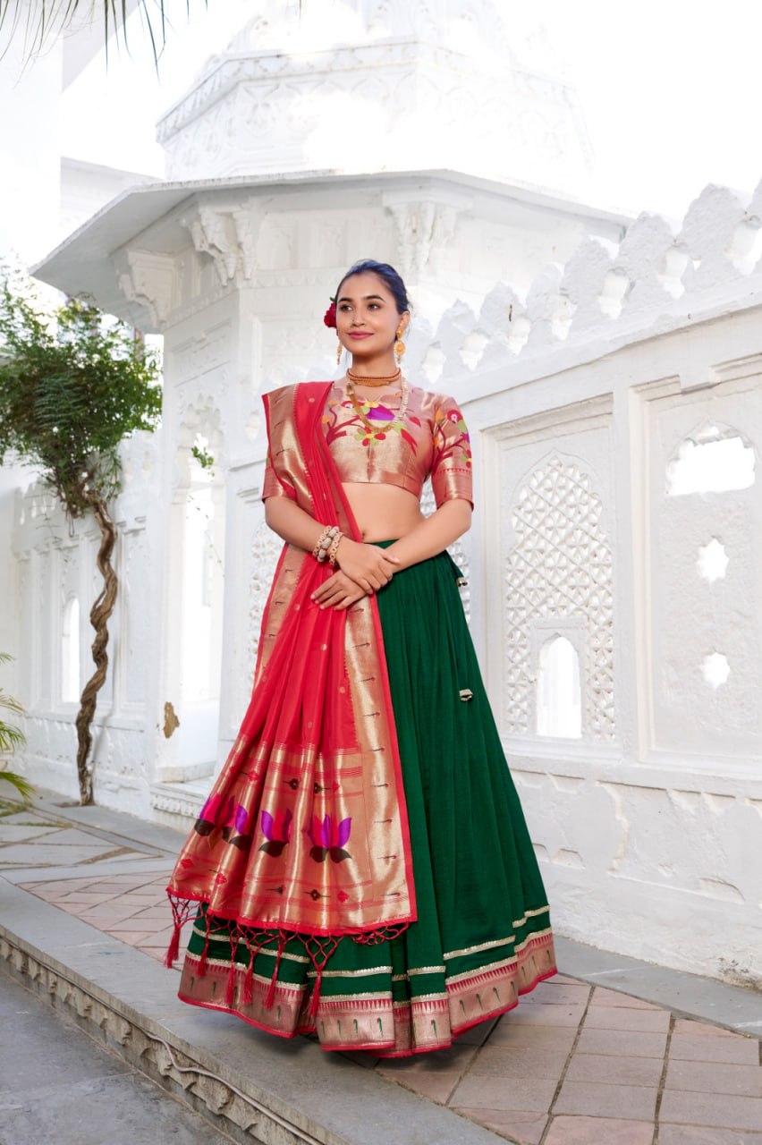 Green Designer Paithani Wedding Lehenga Choli in Vichitra Silk with Jacquard Silk Dupatta