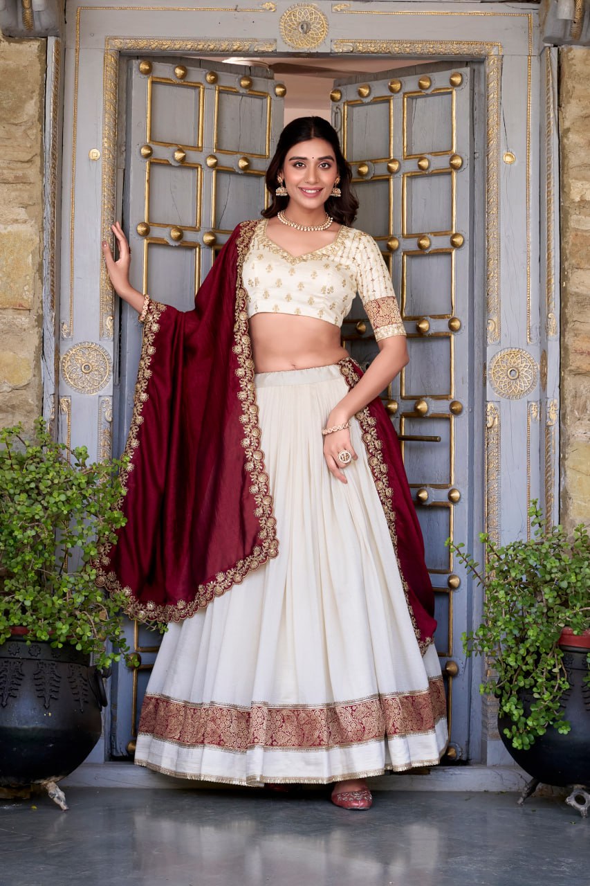 White Party Wear Lehenga Choli with Zari Weaving & Dupatta