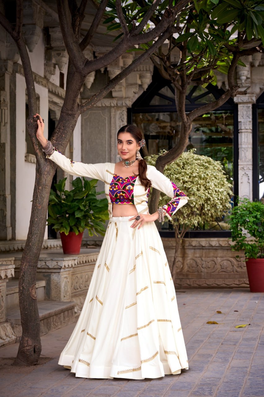 White Mirror Work Gamthi Chaniya Choli for Navratri
