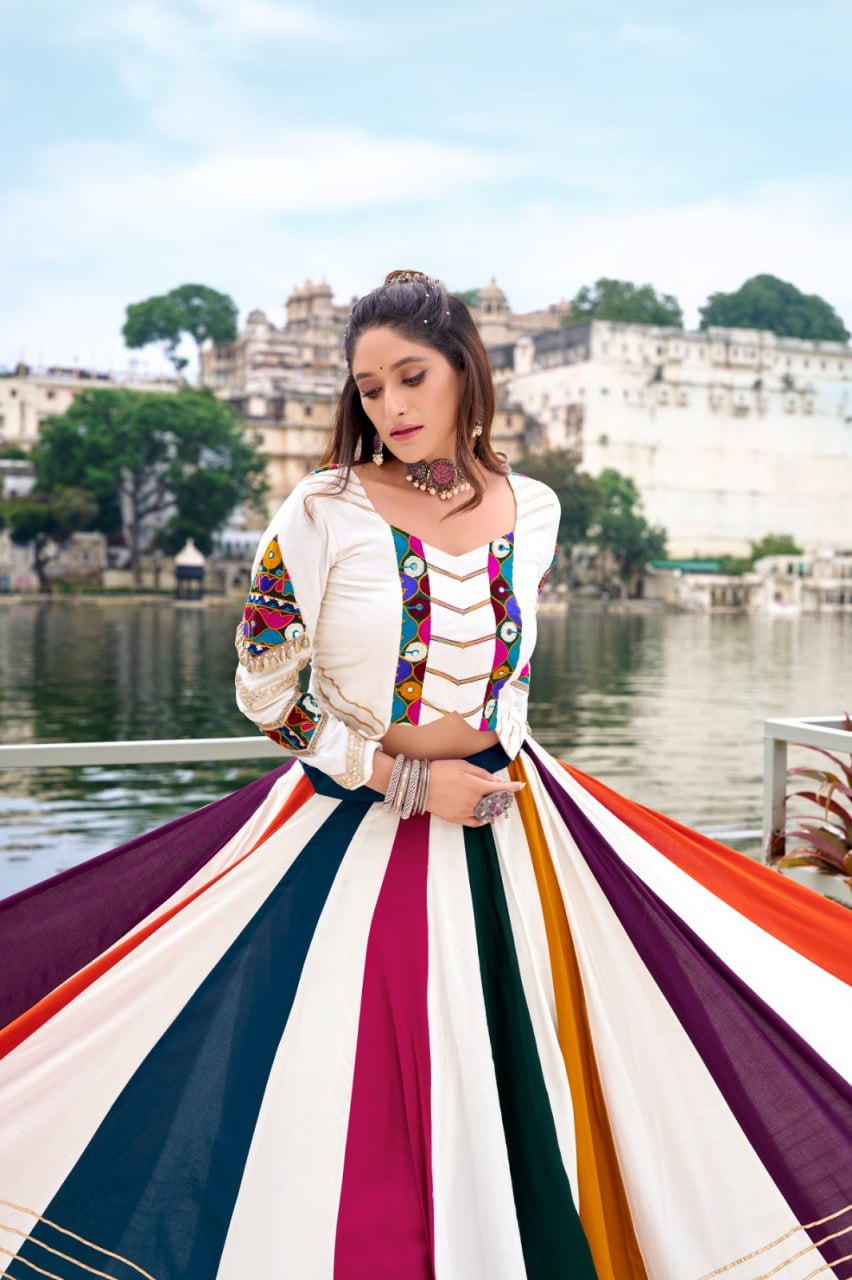 Multicolor Stripe Kutchi Mirror Hand Work Chaniya Choli for Navaratri