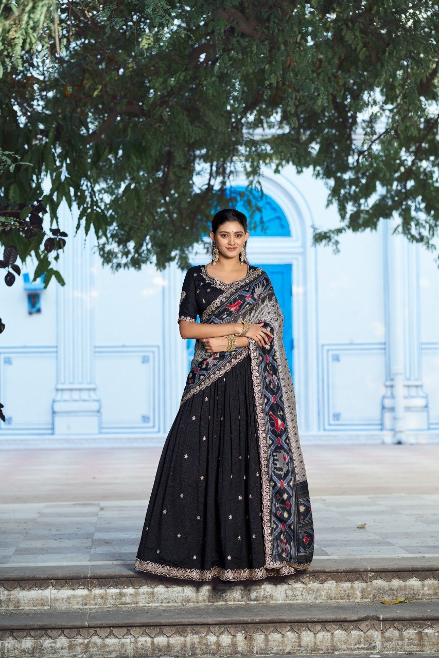 Black Vichitra Silk Work Lehenga Choli with Ikkat Printed Dupatta
