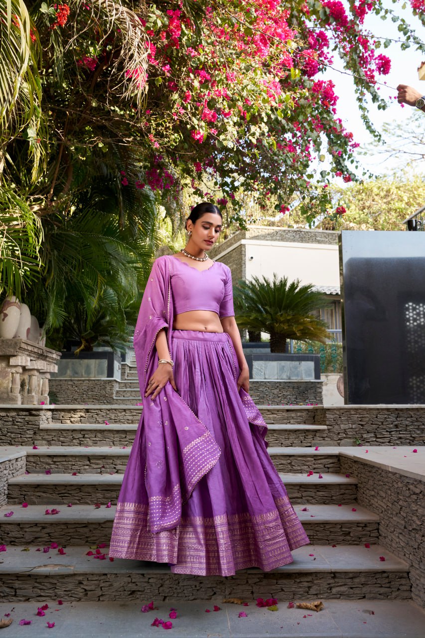 Pure Chanderi Lavender Chaniya Choli for Navratri with Zari Weaving Border & Sequins Dupatta