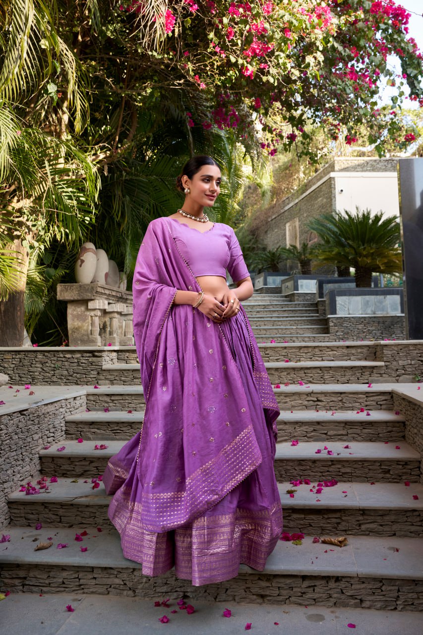 Pure Chanderi Lavender Chaniya Choli for Navratri with Zari Weaving Border & Sequins Dupatta