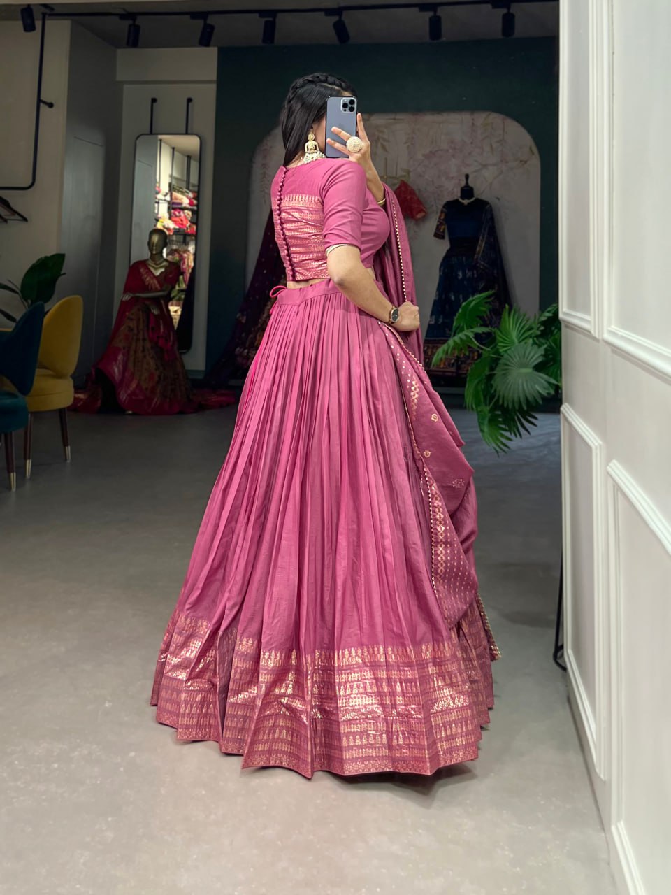 Pure Chanderi Pink Chaniya Choli for Navratri with Zari Weaving Border & Sequins Dupatta