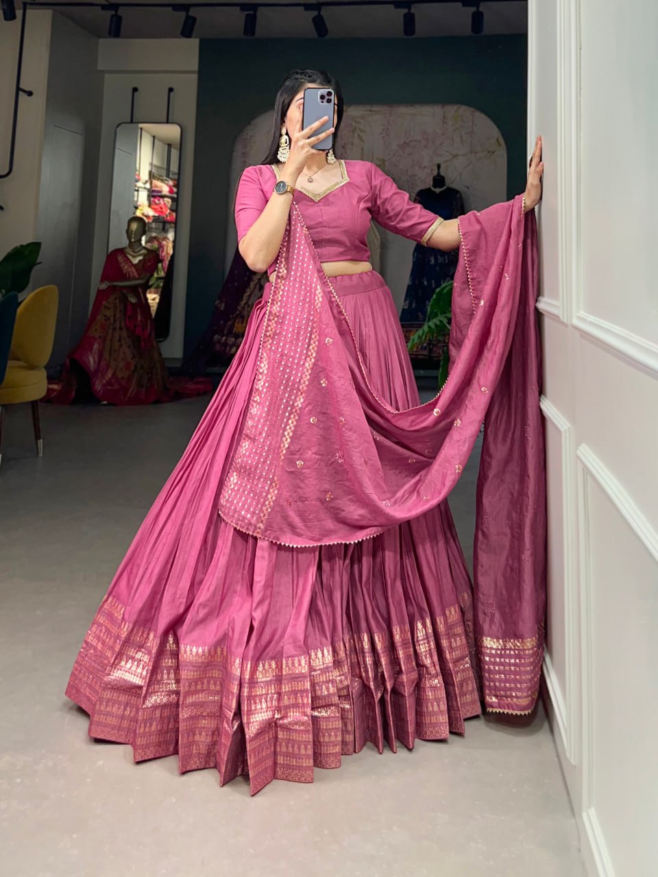 Pure Chanderi Pink Chaniya Choli for Navratri with Zari Weaving Border & Sequins Dupatta