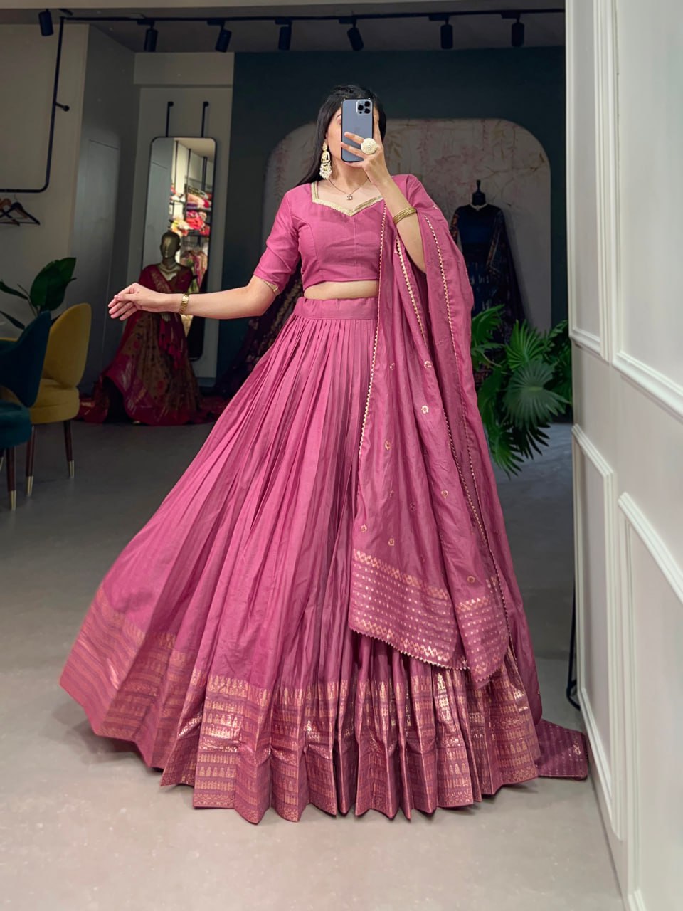 Pure Chanderi Pink Chaniya Choli for Navratri with Zari Weaving Border & Sequins Dupatta