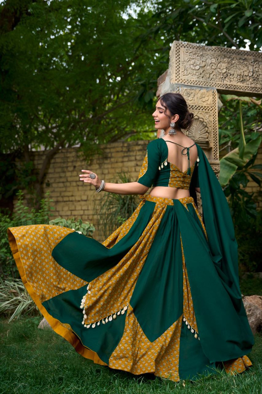 Cotton Chaniya Choli, Navratri Lehenga 2025, Mustard Green Lehenga, Cowrie Lace Choli, Printed Cotton Lehenga, Gota Patti Choli, Traditional Indian Wear, Dandiya Night Outfit, Festive Cotton Lehenga, Kodi Work Chaniya Choli