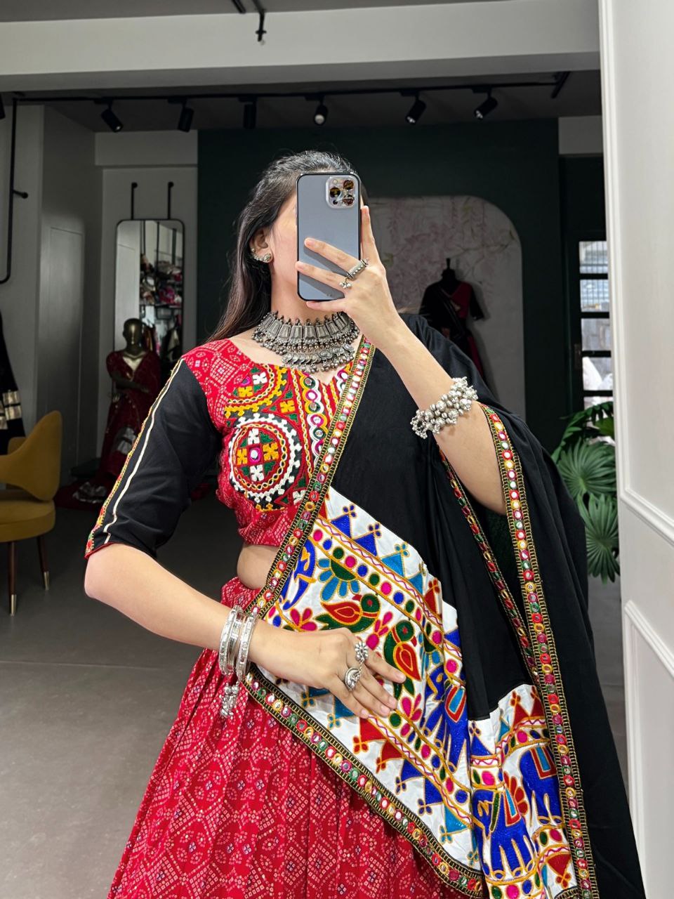Red & Black Gamthi Work Lehenga, Mirror Work Choli, Cotton Navratri Lehenga, Navratri Lehenga 2025, Garba Outfit for Women, Printed Cotton Chaniya Choli, Traditional Indian Wear, Mirror Embroidery Dress, Dandiya Night Look, Festive Chaniya Choli