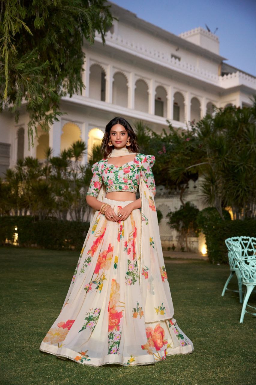Floral Georgette Lehenga, Summer Lehenga Choli, Printed Lehenga for Women, Daytime Ethnic Wear, Lace Border Dupatta, Haldi Mehndi Outfit, Lightweight Festive Wear, Lehenga Choli 1021, Georgette Printed Lehenga, Ethnic Set for Spring Festivals