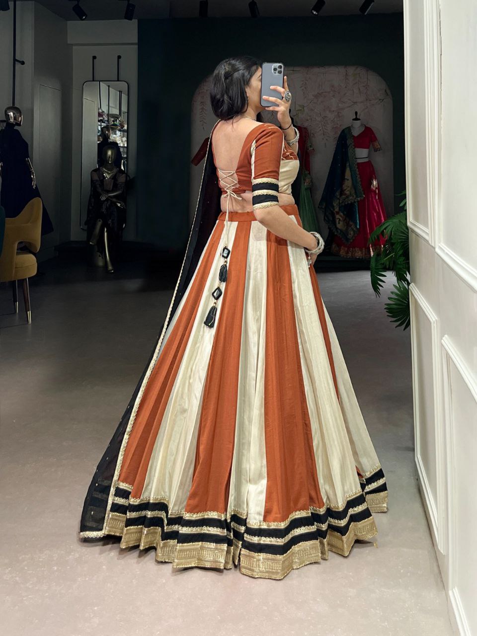 Navratri Lehenga 2025, Mirror Work Blouse, Chinon Lehenga Choli, Gamthi Work Lehenga, Kodi Lace Blouse, Gotta Patti Lehenga, 6 Meter Flair Lehenga, Garba Night Outfit, Stitched Navratri Lehenga, Georgette Embroidered Dupatta, Garba Look 2025, Traditional Festival Wear, Canvas Lined Lehenga