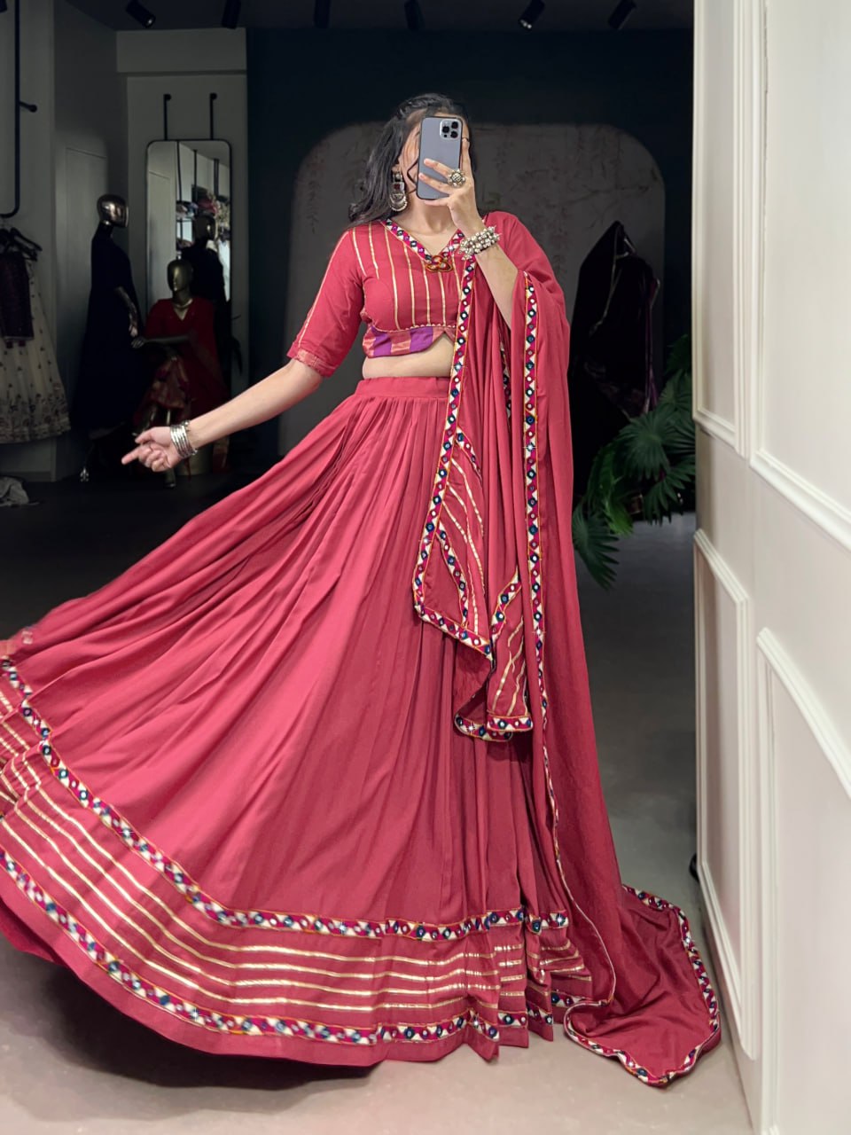 Light Pink Rayon Original Mirror Work Gamthi Lehenga Choli