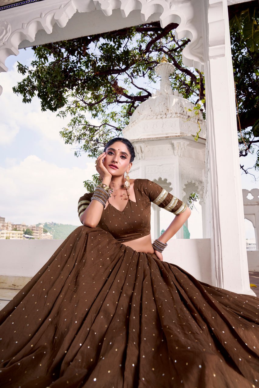 Brown Pure Chanderi Silk Lehenga Choli With Zari Weaving & Lace Touch Up
