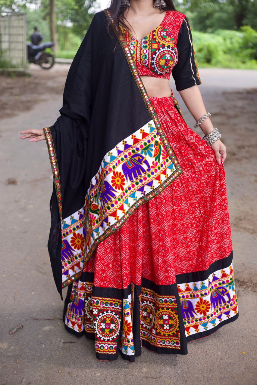 Red Pure Cotton Mirror work Gamthi Lehenga Choli & Dupatta