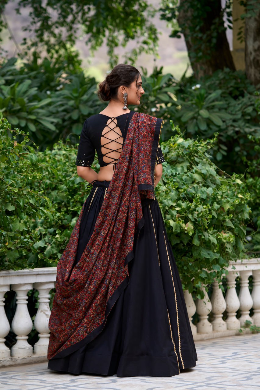 Black Pure Cotton Kutchi Hand Work Chaniya Choli with Printed Dupatta