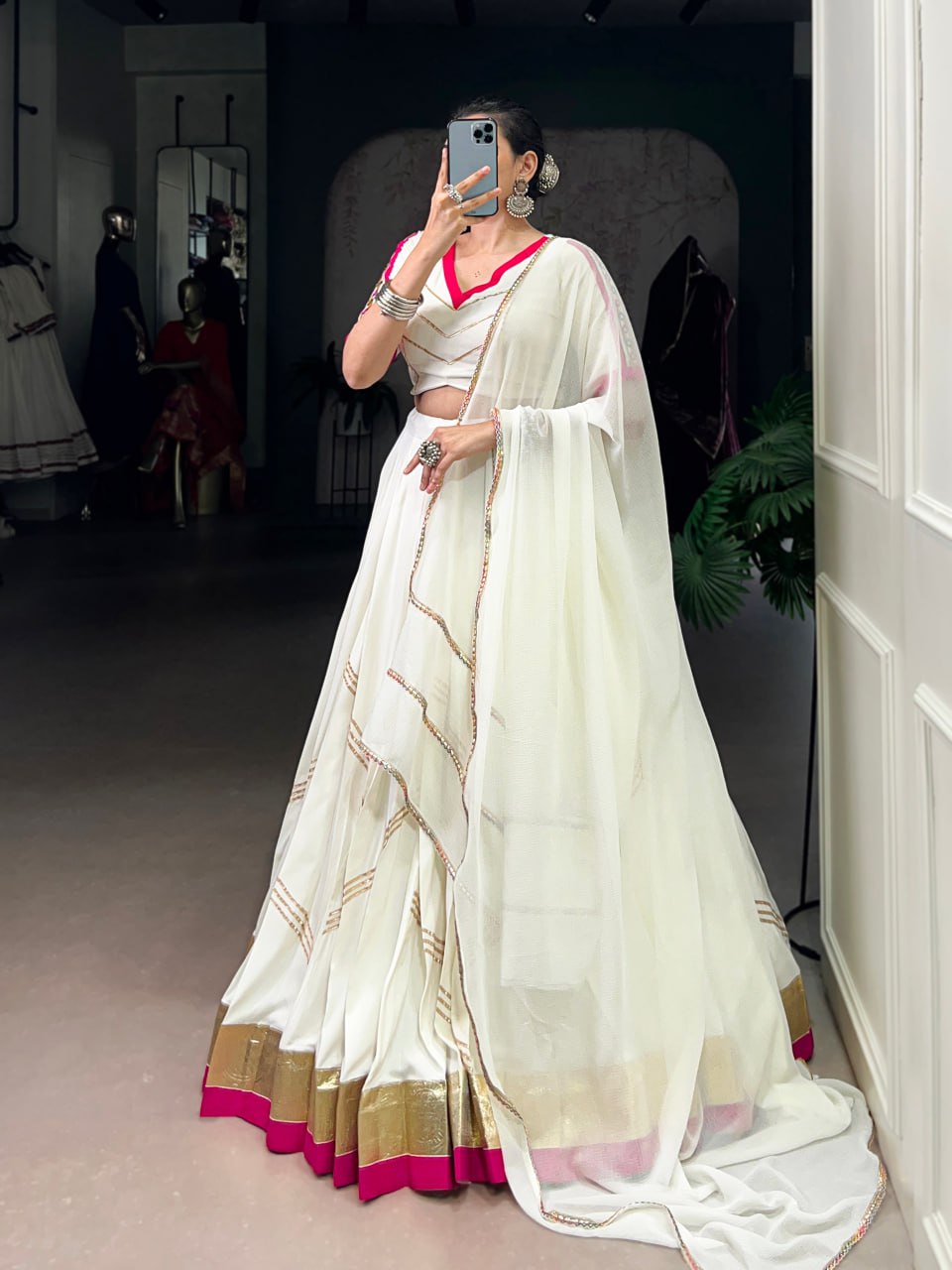 White Rayon Navratri Lehenga Choli with Mirror & Gota Patti Work