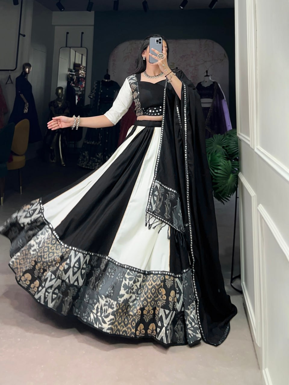 Black Rayon Printed Lehenga Choli with Mirror Work & Gota Patti