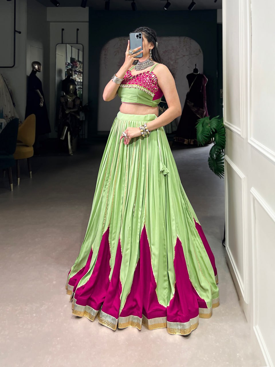 Pure Rayon Green Navratri Lehenga, Green Gamthi Work Lehenga Choli, Mirror Work Navratri Outfit, Gota Patti Blouse Lehenga Choli, Stitched Rayon Lehenga for Women, Green Traditional Navratri Chaniya Choli, Designer Lehenga Choli 2025, Festival Wear Lehenga for Garba, Cowrie Lace Work Lehenga Choli, Women’s Ethnic Wear for Navratri