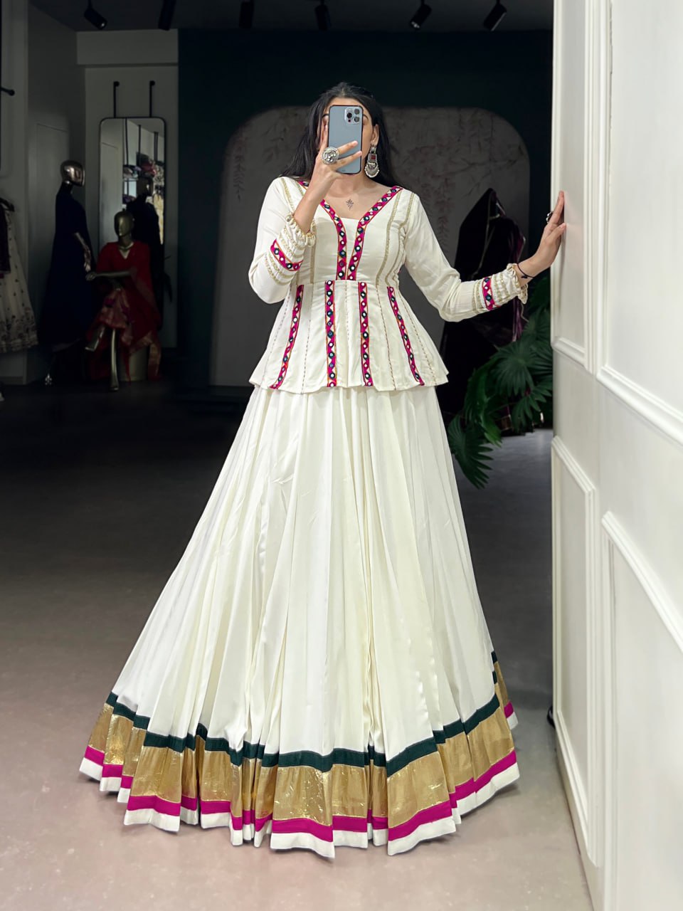 Rayon Designer White Mirror Gamthi Work Chaniya Choli for Navratri
