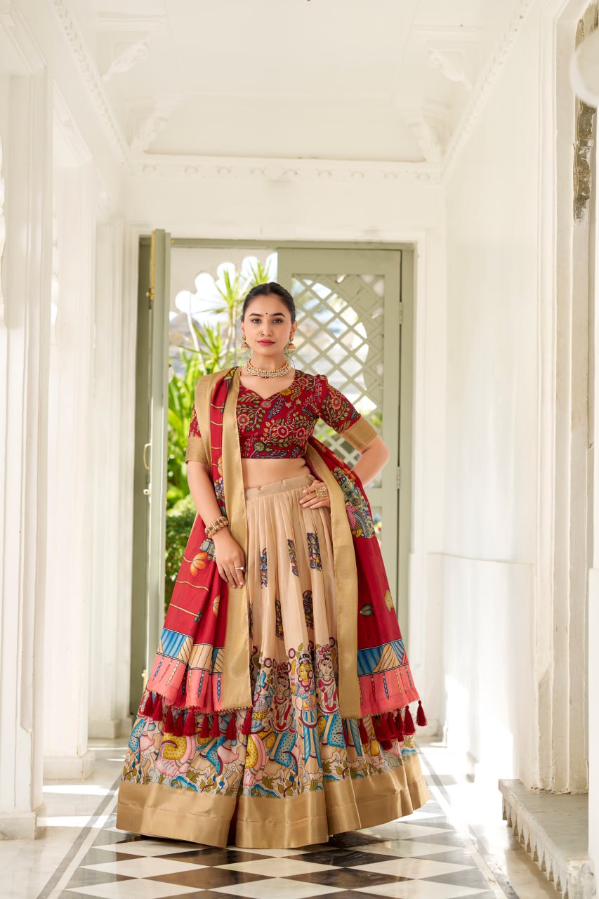 Dola Silk Lehenga Choli, Kalamkari Print Garba Choli, Festival Wear Lehenga Choli 2025, Designer Silk Lehenga for Women, Traditional Garba Outfit Online, Weaving Border Lehenga Choli Set, Tassel Dupatta Lehenga Choli, Indian Ethnic Wear for Festivals, Stitched Dola Silk Lehenga Set, Kalamkari Print Silk Chaniya Choli