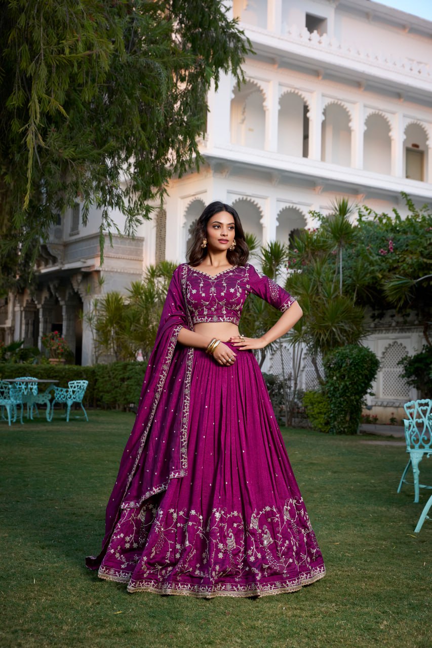Wine Vichitra Silk Lehenga Choli with Sequins & Thread Embroidery