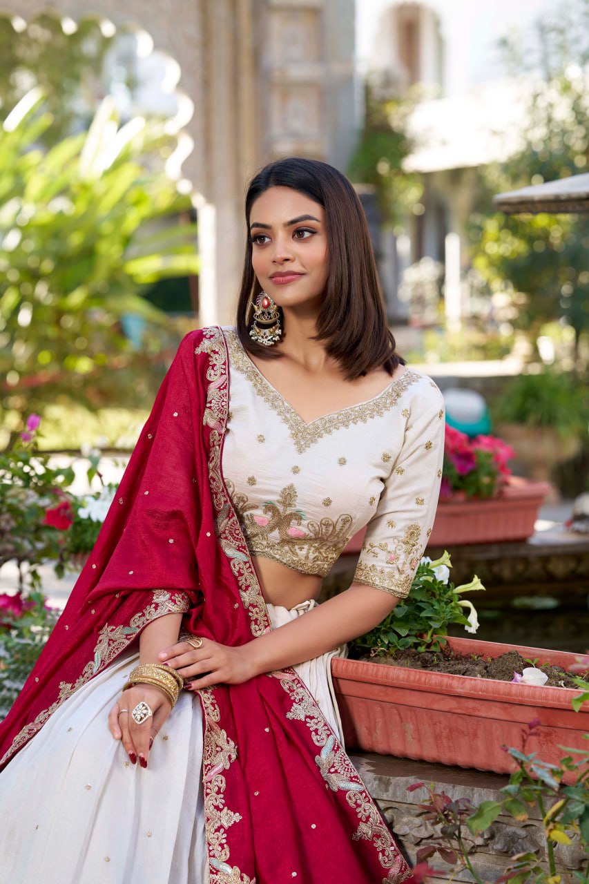 Off White Vichitra Silk Bridesmaid Lehenga Choli with Sequins & Thread Embroidery