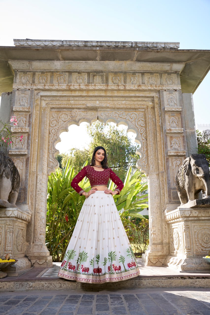 White Maroon Georgette Bridesmaid Lehenga Choli with Sequins