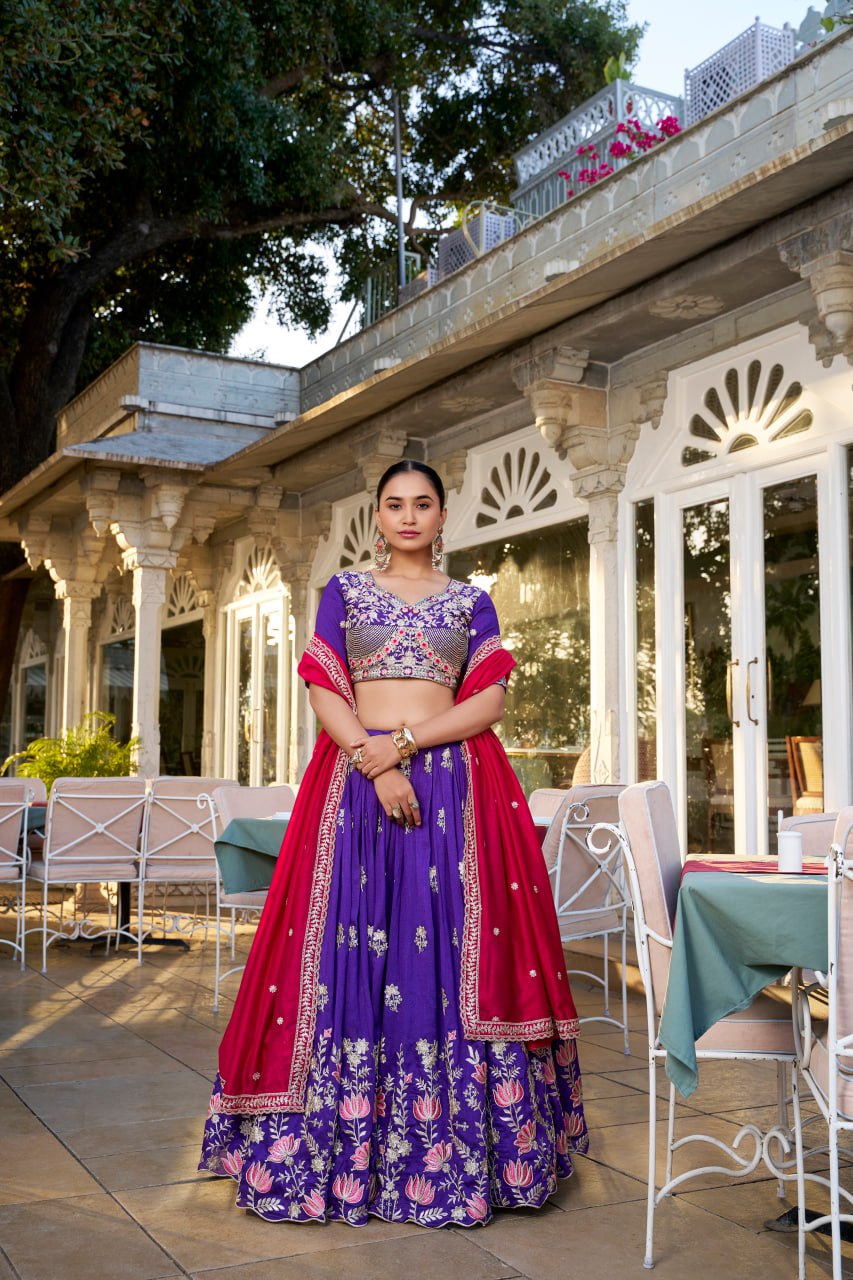 Purple Vichitra Silk Bridesmaid Lehenga Choli with Sequins & Thread Embroidery