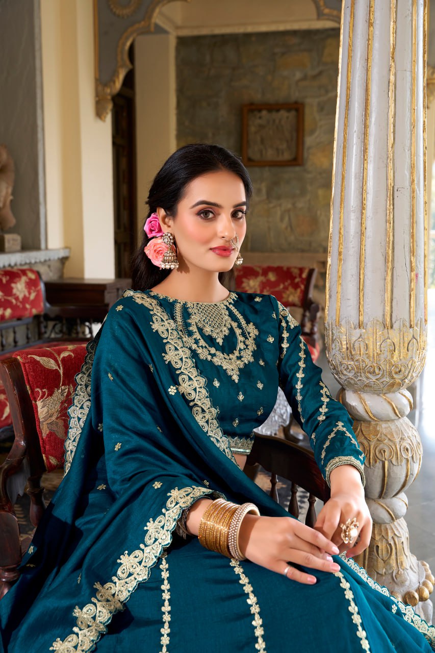 Teal Firozi Vichitra Silk Wedding Lehenga Choli with Sequins